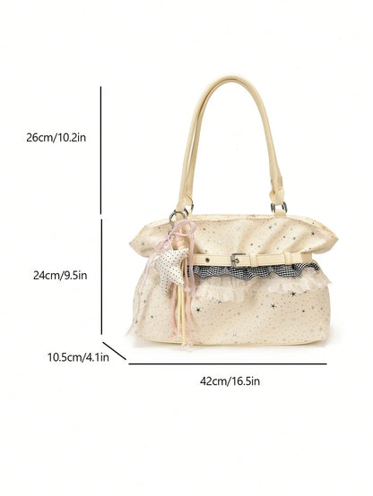 New Star Print Lace Trim Women's Large Capacity One Shoulder Tote Bag, Soft Fabric Shoulder Bag, Sweet Bow & Star Pendant Commuter Bag, Lightweight Handbag, Fresh Casual Girly Style Outing Storage Bag