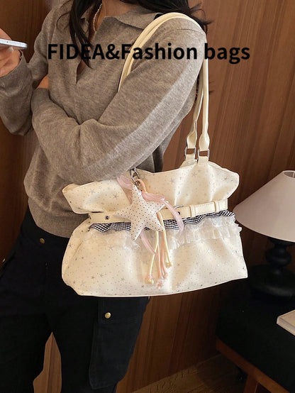 New Star Print Lace Trim Women's Large Capacity One Shoulder Tote Bag, Soft Fabric Shoulder Bag, Sweet Bow & Star Pendant Commuter Bag, Lightweight Handbag, Fresh Casual Girly Style Outing Storage Bag