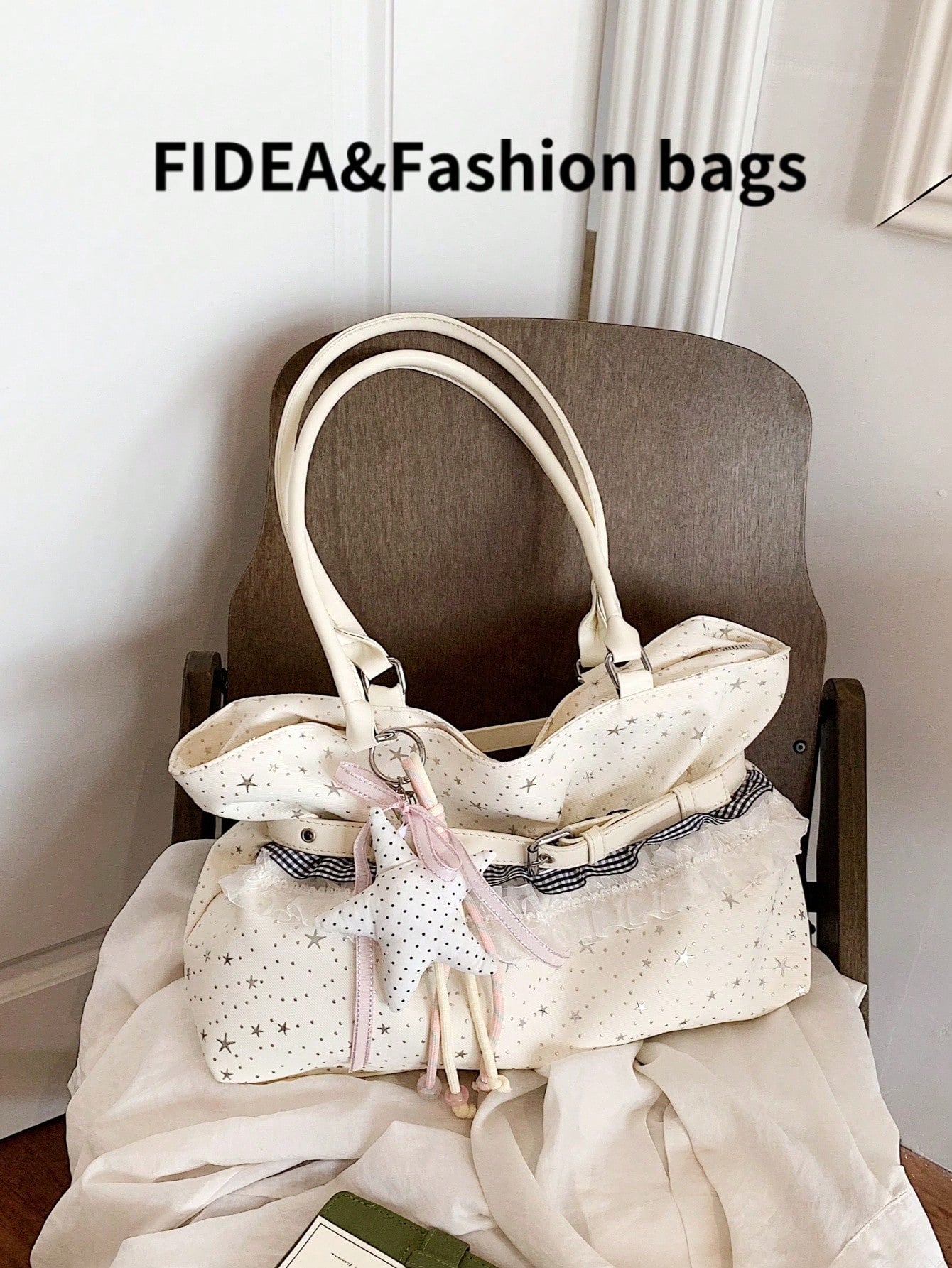 New Star Print Lace Trim Women's Large Capacity One Shoulder Tote Bag, Soft Fabric Shoulder Bag, Sweet Bow & Star Pendant Commuter Bag, Lightweight Handbag, Fresh Casual Girly Style Outing Storage Bag