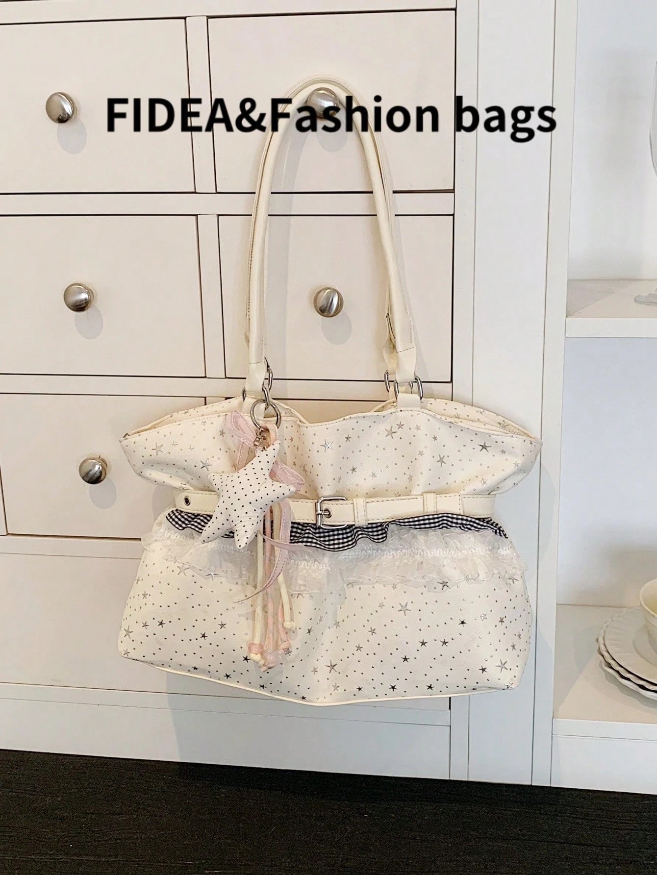 New Star Print Lace Trim Women's Large Capacity One Shoulder Tote Bag, Soft Fabric Shoulder Bag, Sweet Bow & Star Pendant Commuter Bag, Lightweight Handbag, Fresh Casual Girly Style Outing Storage Bag