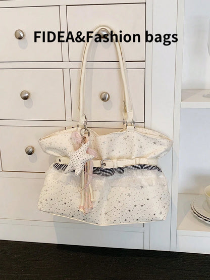 New Star Print Lace Trim Women's Large Capacity One Shoulder Tote Bag, Soft Fabric Shoulder Bag, Sweet Bow & Star Pendant Commuter Bag, Lightweight Handbag, Fresh Casual Girly Style Outing Storage Bag