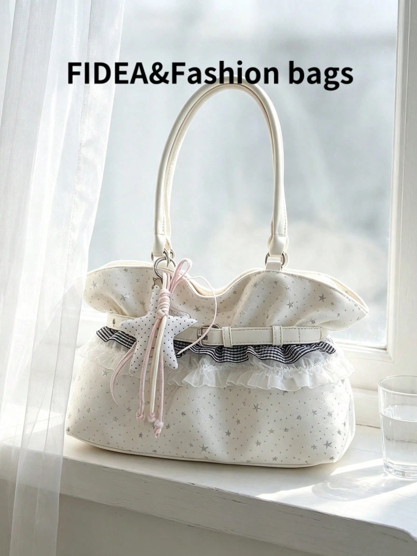 New Star Print Lace Trim Women's Large Capacity One Shoulder Tote Bag, Soft Fabric Shoulder Bag, Sweet Bow & Star Pendant Commuter Bag, Lightweight Handbag, Fresh Casual Girly Style Outing Storage Bag