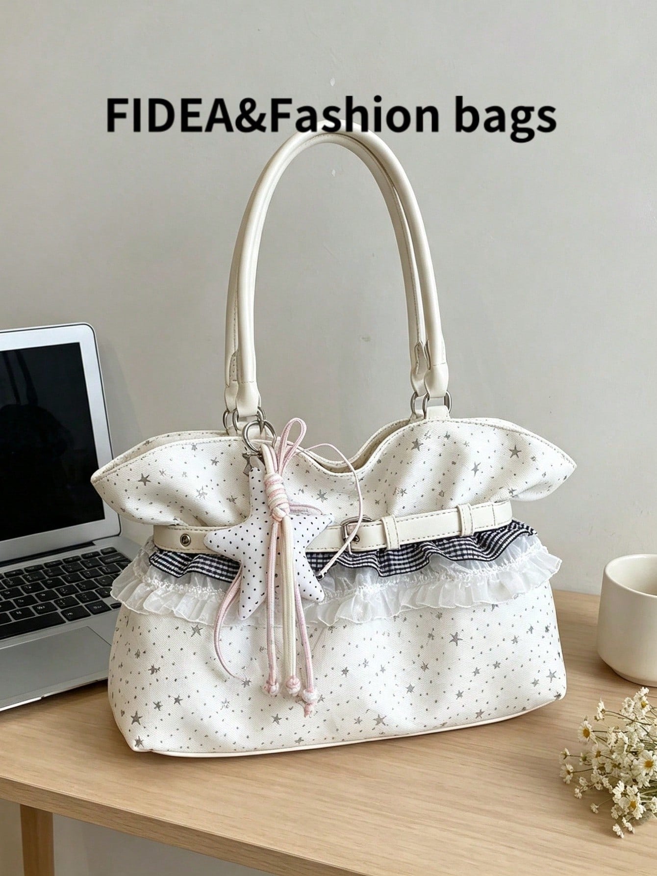 New Star Print Lace Trim Women's Large Capacity One Shoulder Tote Bag, Soft Fabric Shoulder Bag, Sweet Bow & Star Pendant Commuter Bag, Lightweight Handbag, Fresh Casual Girly Style Outing Storage Bag