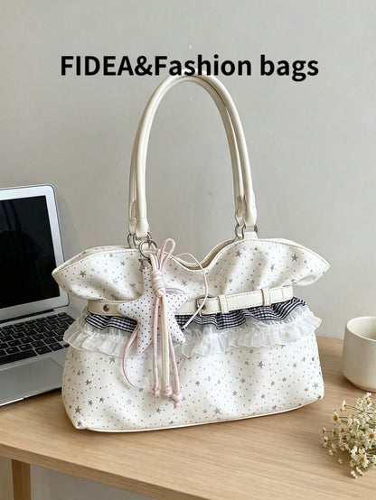 New Star Print Lace Trim Women's Large Capacity One Shoulder Tote Bag, Soft Fabric Shoulder Bag, Sweet Bow & Star Pendant Commuter Bag, Lightweight Handbag, Fresh Casual Girly Style Outing Storage Bag