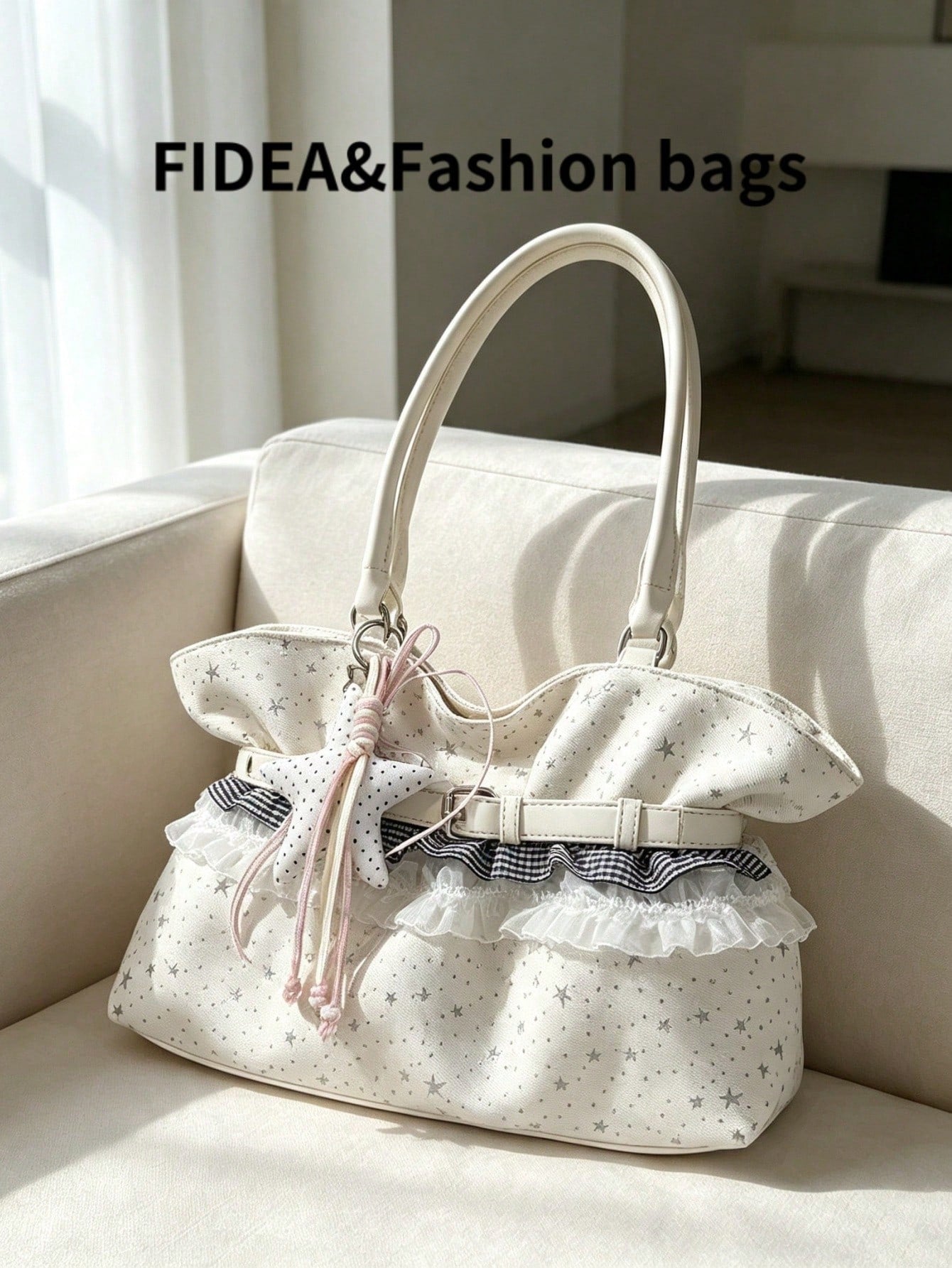 New Star Print Lace Trim Women's Large Capacity One Shoulder Tote Bag, Soft Fabric Shoulder Bag, Sweet Bow & Star Pendant Commuter Bag, Lightweight Handbag, Fresh Casual Girly Style Outing Storage Bag