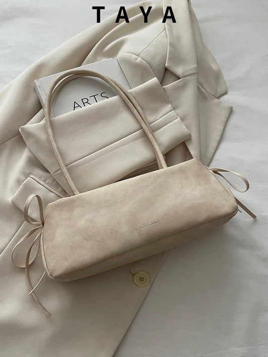New Vintage Fashion Square Bag, Zipper Closure, Leather Strap & Bow Decor, Lightweight Minimalist, Solid Color Double Handle Shoulder Bag, Suitable For Women's Daily Life, Casual, Commute, Work, Vacat