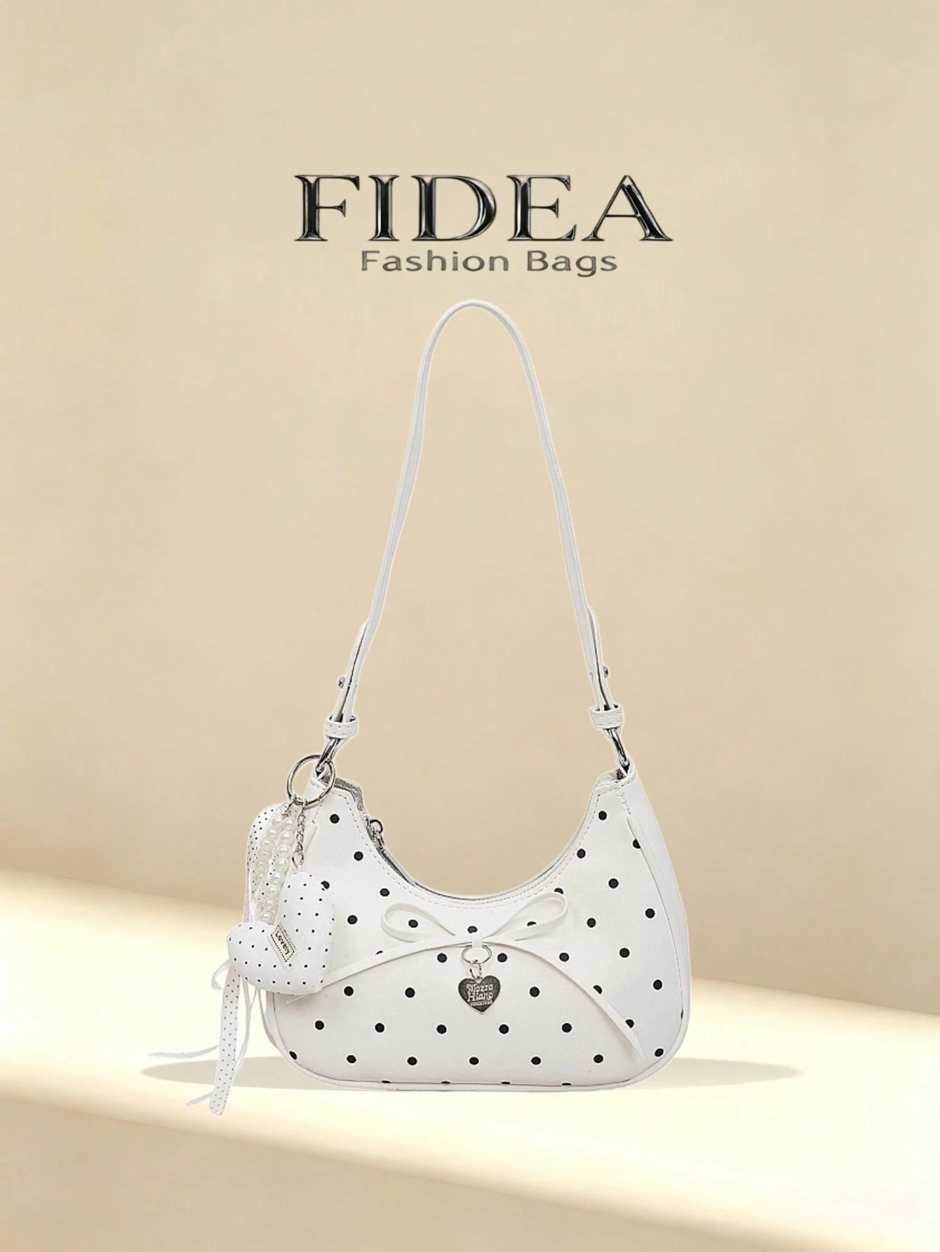 New Women's Shoulder Underarm Crescent Bag, Stylish Versatile Solid Color PU With Polka Dot Elements, Fresh Fashion Bow Tie Lace-Up Heart-Shaped Hardware Decoration, Suitable For Daily Outings, Shoppi
