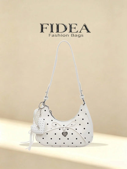 New Women's Shoulder Underarm Crescent Bag, Stylish Versatile Solid Color PU With Polka Dot Elements, Fresh Fashion Bow Tie Lace-Up Heart-Shaped Hardware Decoration, Suitable For Daily Outings, Shoppi