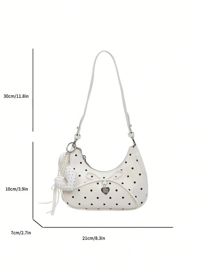 New Women's Shoulder Underarm Crescent Bag, Stylish Versatile Solid Color PU With Polka Dot Elements, Fresh Fashion Bow Tie Lace-Up Heart-Shaped Hardware Decoration, Suitable For Daily Outings, Shoppi