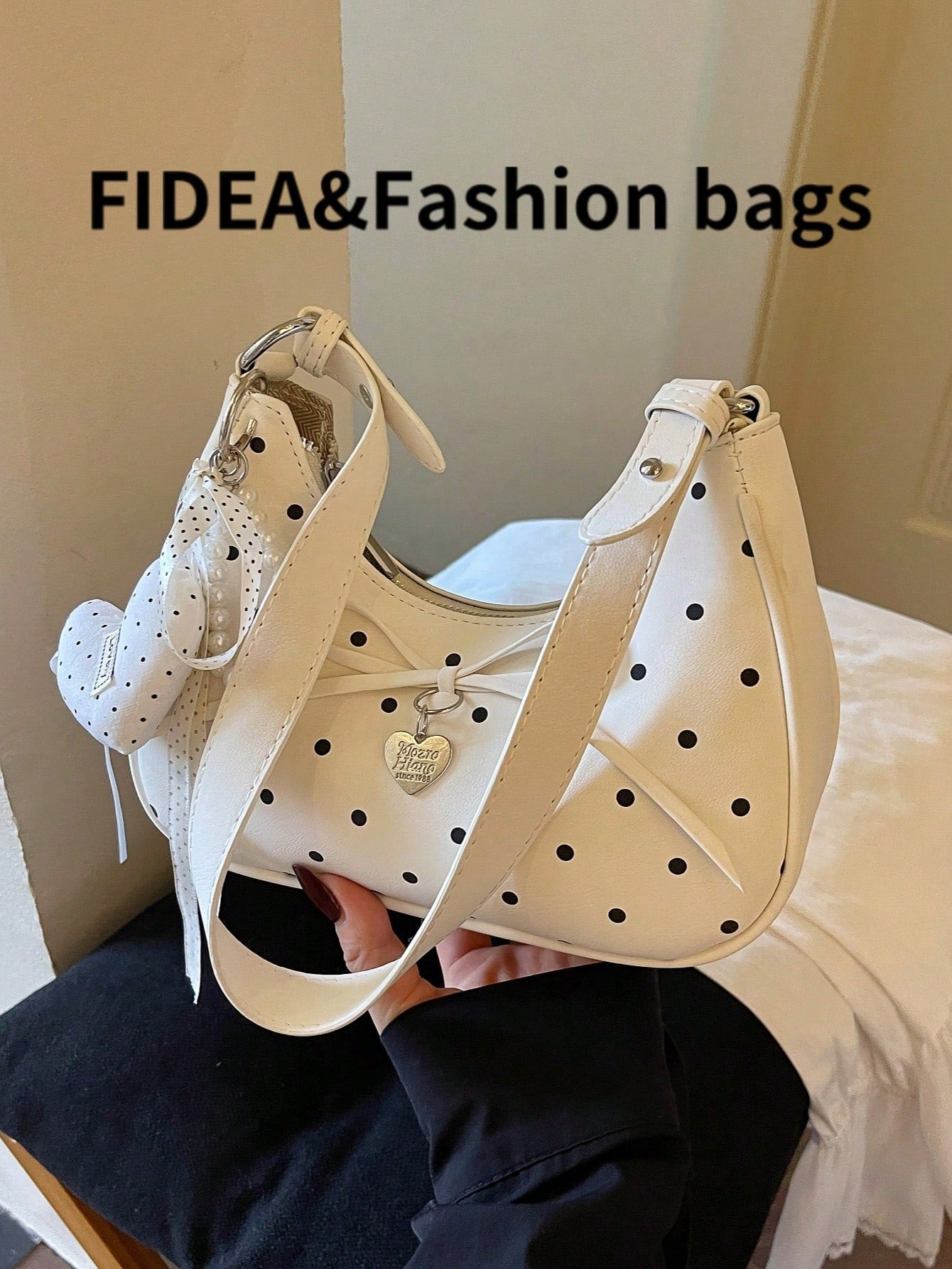 New Women's Shoulder Underarm Crescent Bag, Stylish Versatile Solid Color PU With Polka Dot Elements, Fresh Fashion Bow Tie Lace-Up Heart-Shaped Hardware Decoration, Suitable For Daily Outings, Shoppi