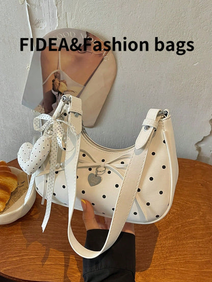 New Women's Shoulder Underarm Crescent Bag, Stylish Versatile Solid Color PU With Polka Dot Elements, Fresh Fashion Bow Tie Lace-Up Heart-Shaped Hardware Decoration, Suitable For Daily Outings, Shoppi