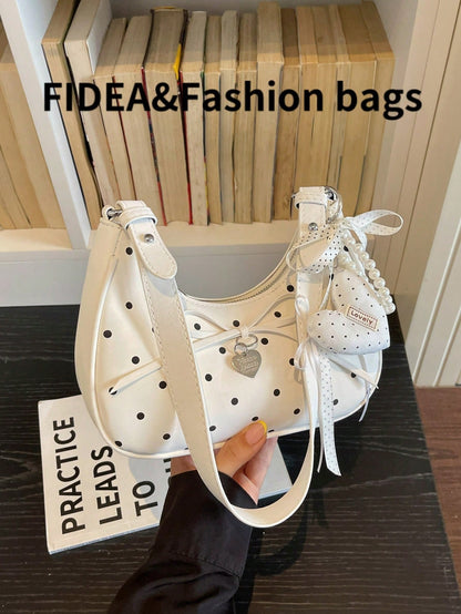 New Women's Shoulder Underarm Crescent Bag, Stylish Versatile Solid Color PU With Polka Dot Elements, Fresh Fashion Bow Tie Lace-Up Heart-Shaped Hardware Decoration, Suitable For Daily Outings, Shoppi