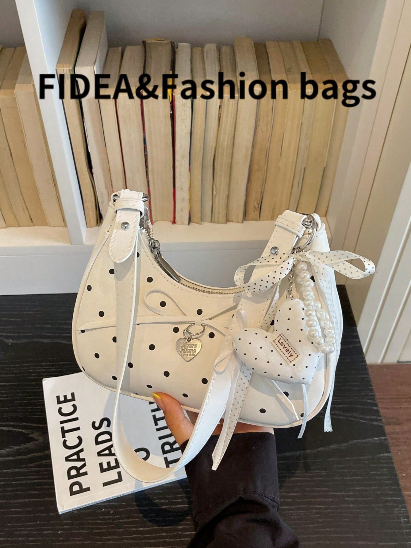 New Women's Shoulder Underarm Crescent Bag, Stylish Versatile Solid Color PU With Polka Dot Elements, Fresh Fashion Bow Tie Lace-Up Heart-Shaped Hardware Decoration, Suitable For Daily Outings, Shoppi