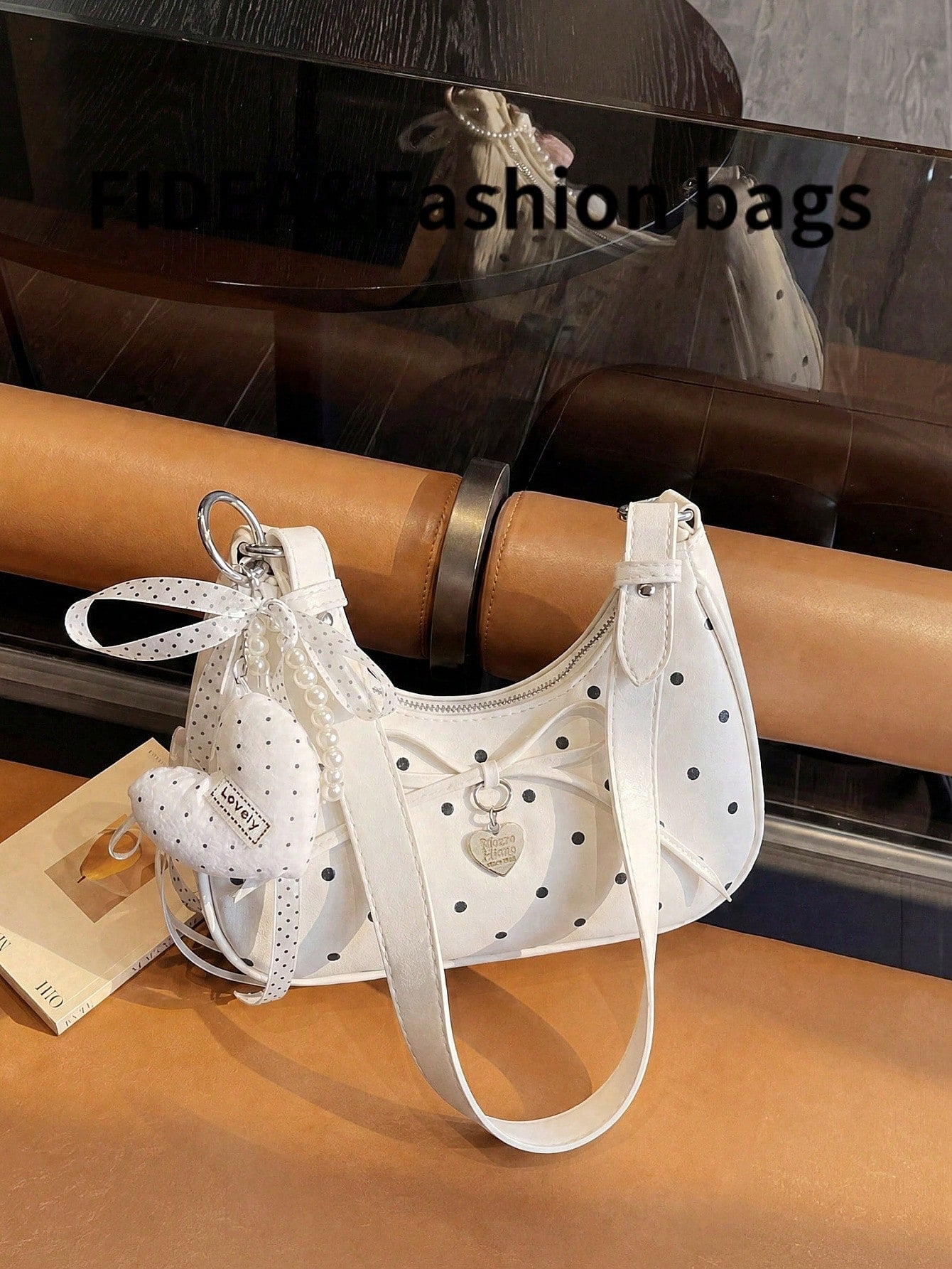 New Women's Shoulder Underarm Crescent Bag, Stylish Versatile Solid Color PU With Polka Dot Elements, Fresh Fashion Bow Tie Lace-Up Heart-Shaped Hardware Decoration, Suitable For Daily Outings, Shoppi