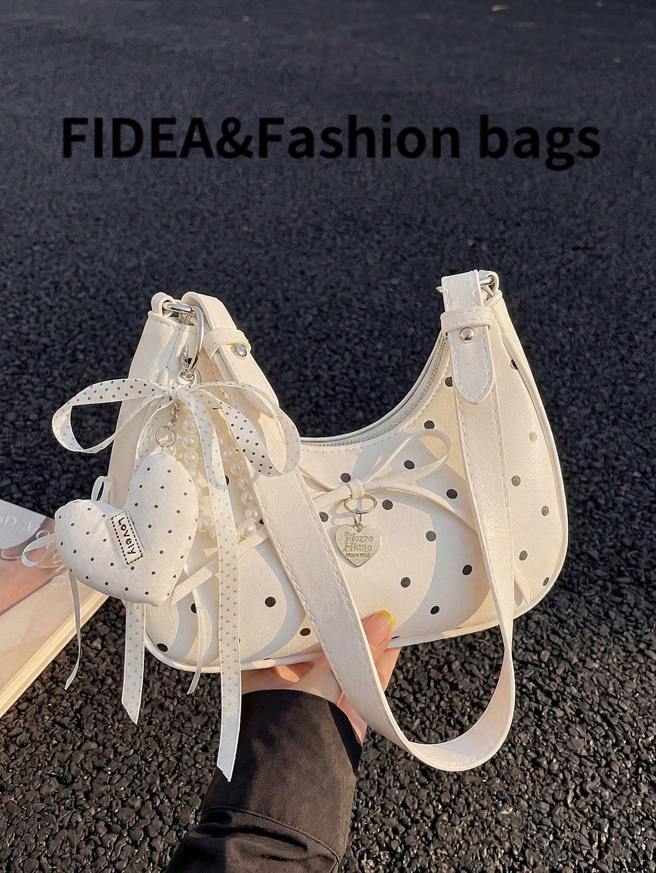 New Women's Shoulder Underarm Crescent Bag, Stylish Versatile Solid Color PU With Polka Dot Elements, Fresh Fashion Bow Tie Lace-Up Heart-Shaped Hardware Decoration, Suitable For Daily Outings, Shoppi