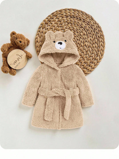 Newborn Baby Boy Cute Bear Embroidery Thickened Bathrobe With 3D Ears And Cinched Waist Autumn Winter