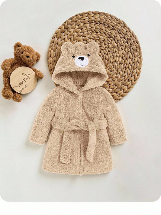 Newborn Baby Boy Cute Bear Embroidery Thickened Bathrobe With 3D Ears And Cinched Waist Autumn Winter