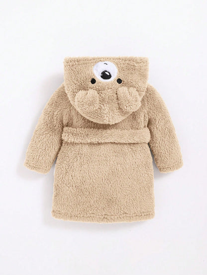 Newborn Baby Boy Cute Bear Embroidery Thickened Bathrobe With 3D Ears And Cinched Waist Autumn Winter