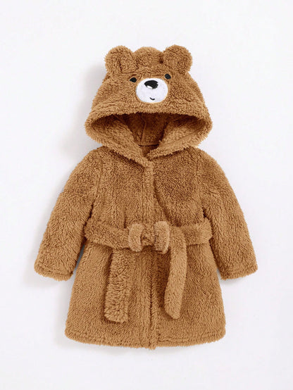 Newborn Baby Boy Cute Bear Embroidery Thickened Bathrobe With 3D Ears And Cinched Waist Autumn Winter