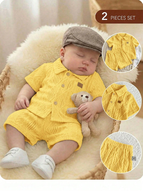 Newborn Baby Boy Cute Casual Knit Jacquard Short Sleeve Shirt & Elastic Waist Shorts Set