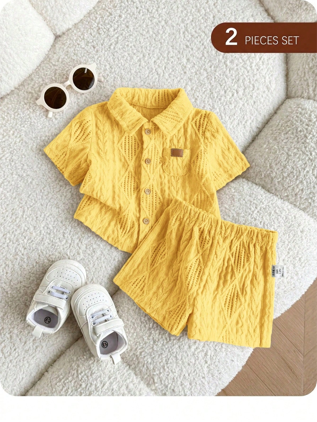 Newborn Baby Boy Cute Casual Knit Jacquard Short Sleeve Shirt & Elastic Waist Shorts Set