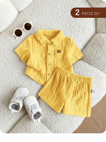 Newborn Baby Boy Cute Casual Knit Jacquard Short Sleeve Shirt & Elastic Waist Shorts Set