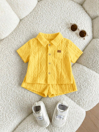 Newborn Baby Boy Cute Casual Knit Jacquard Short Sleeve Shirt & Elastic Waist Shorts Set
