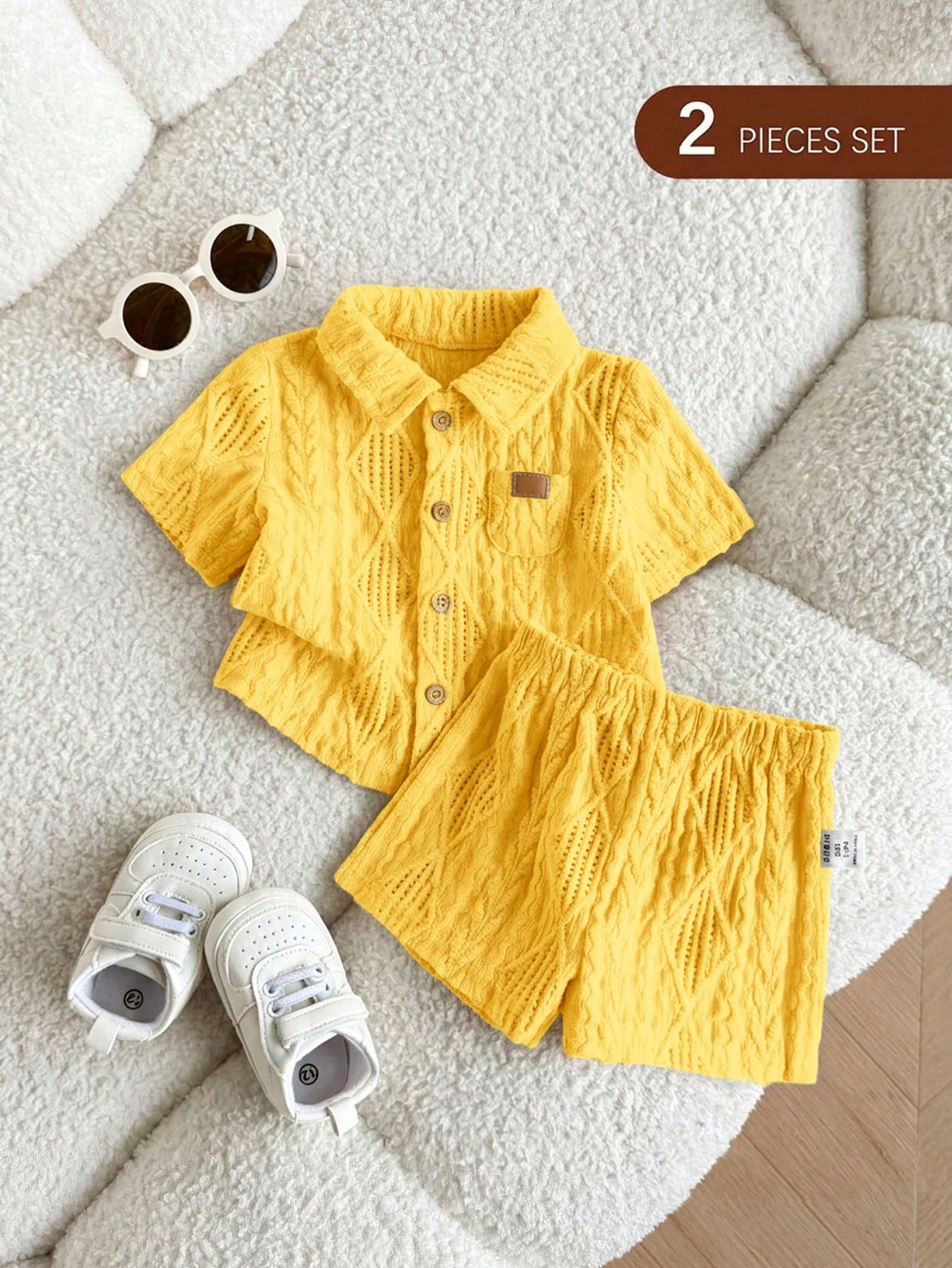 Newborn Baby Boy Cute Casual Knit Jacquard Short Sleeve Shirt & Elastic Waist Shorts Set