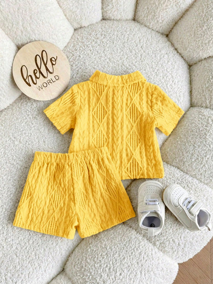 Newborn Baby Boy Cute Casual Knit Jacquard Short Sleeve Shirt & Elastic Waist Shorts Set