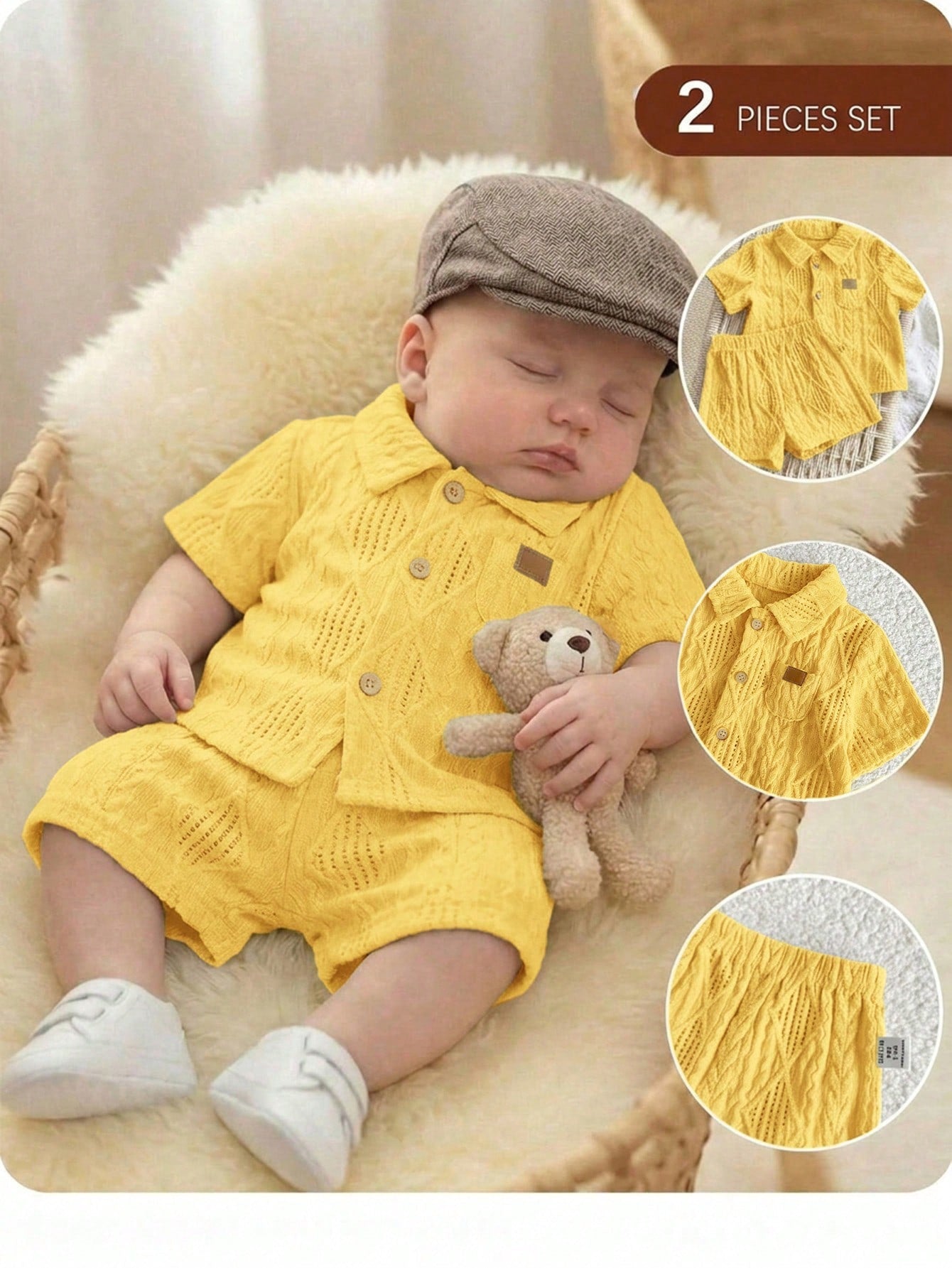 Newborn Baby Boy Cute Casual Knit Jacquard Short Sleeve Shirt & Elastic Waist Shorts Set