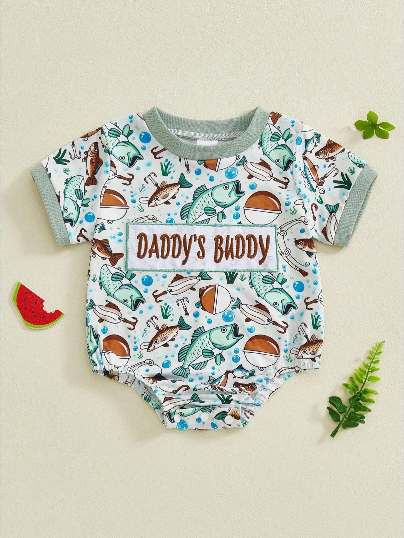 Newborn Baby Boy Fishing Outfit Daddy's Fishing Buddy Romper Short Sleeve Crew Neck Bodysuit Infant Summer Clothes