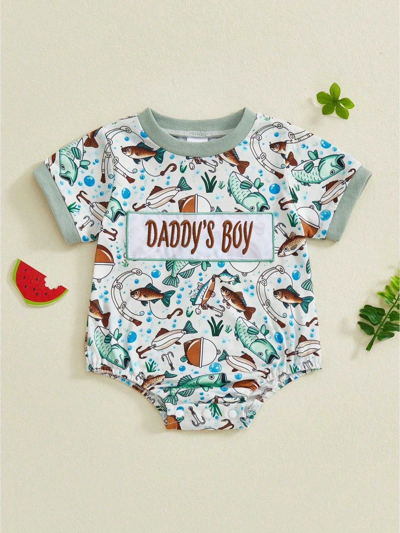 Newborn Baby Boy Fishing Outfit Daddy's Fishing Buddy Romper Short Sleeve Crew Neck Bodysuit Infant Summer Clothes