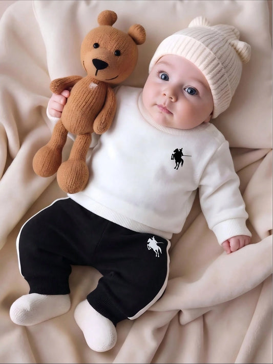 Newborn Baby Boy Minimalist British Style 2-Piece Set, Knitted Fabric, Cream Long Sleeve Crew Neck Top With Black Side Stripe White Pants, Polo Knight Print, Regular Non-Fleece, Casual Infant Ou
