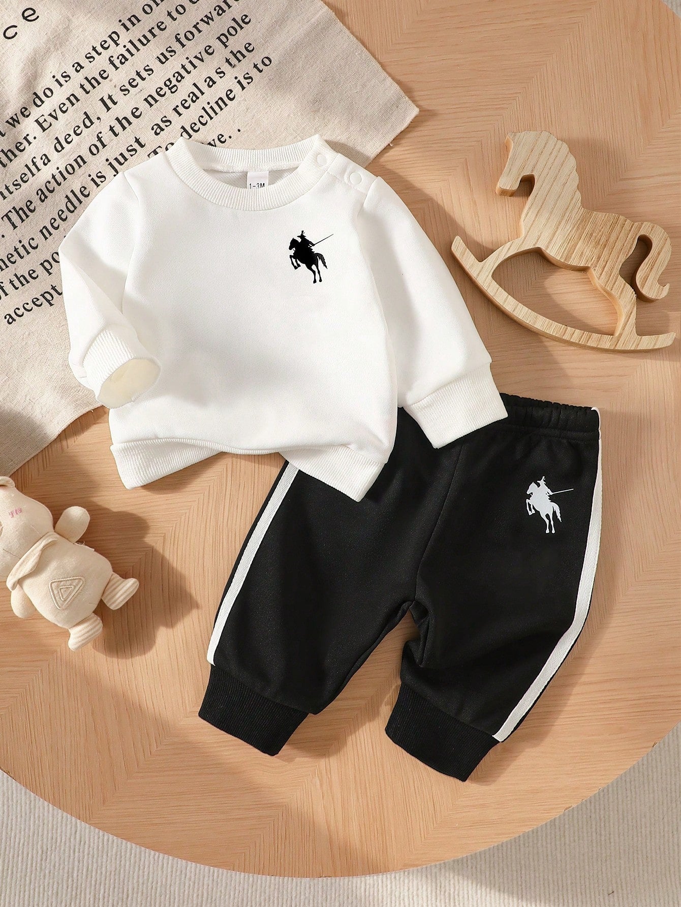 Newborn Baby Boy Minimalist British Style 2-Piece Set, Knitted Fabric, Cream Long Sleeve Crew Neck Top With Black Side Stripe White Pants, Polo Knight Print, Regular Non-Fleece, Casual Infant Ou