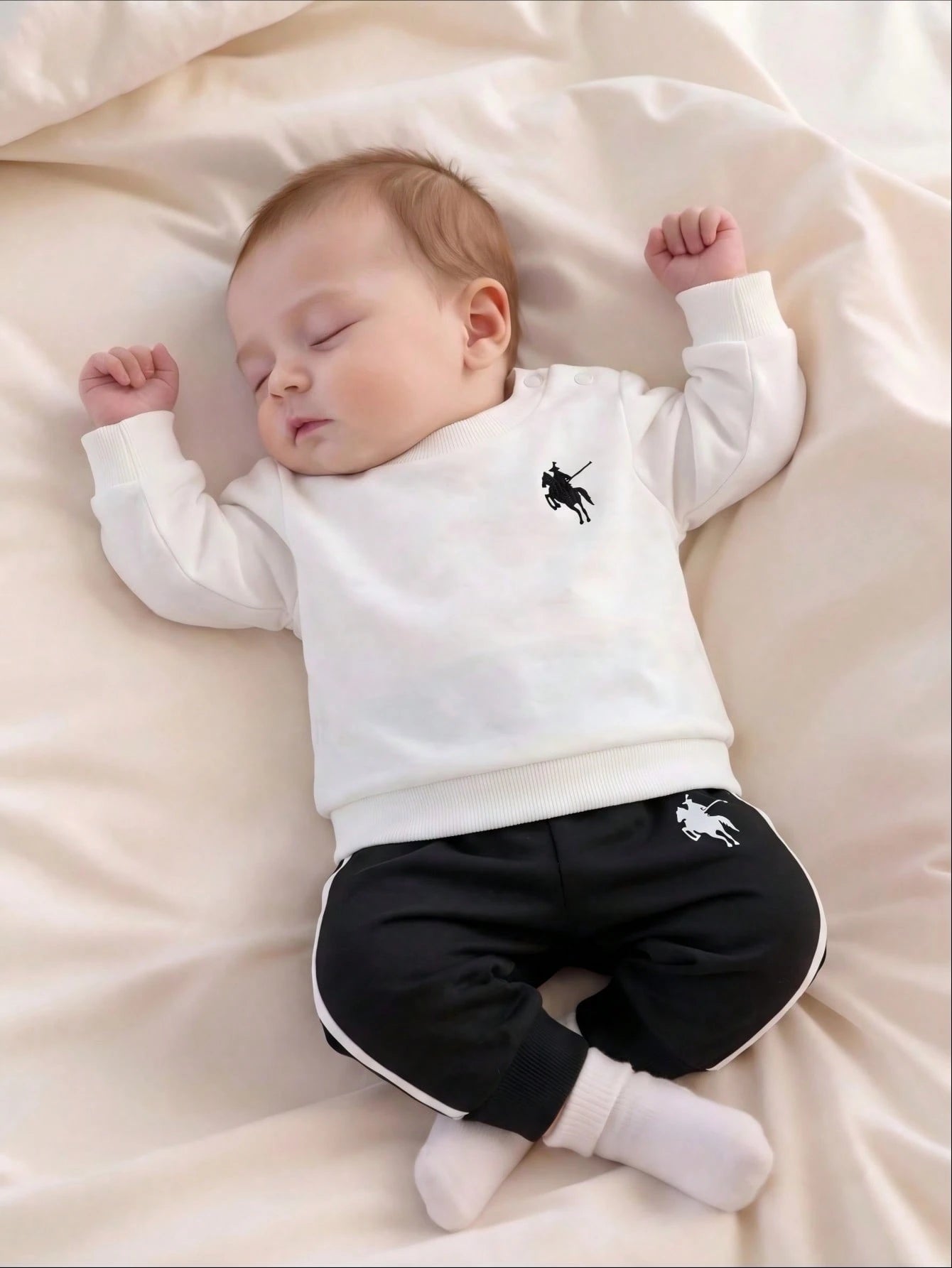 Newborn Baby Boy Minimalist British Style 2-Piece Set, Knitted Fabric, Cream Long Sleeve Crew Neck Top With Black Side Stripe White Pants, Polo Knight Print, Regular Non-Fleece, Casual Infant Ou