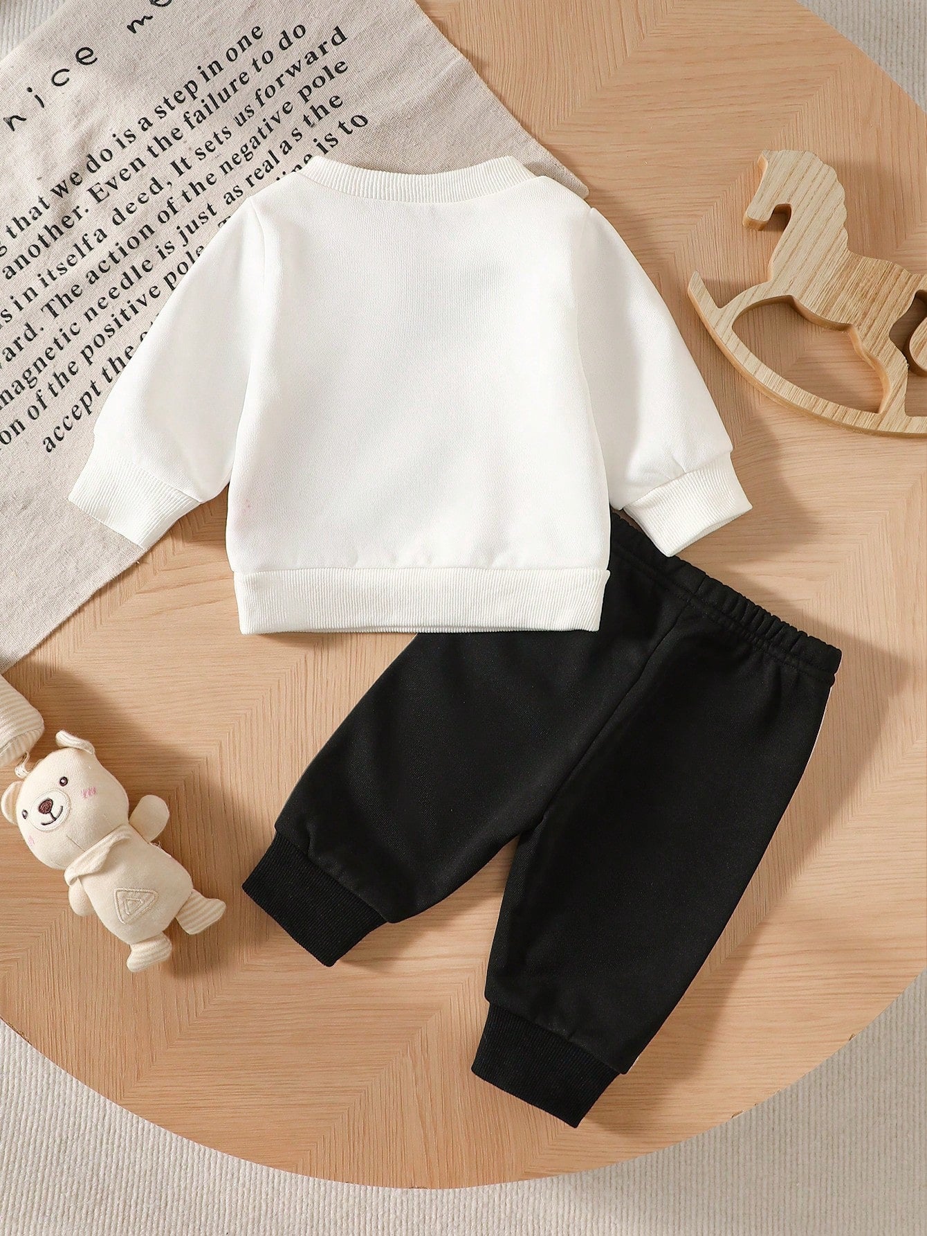 Newborn Baby Boy Minimalist British Style 2-Piece Set, Knitted Fabric, Cream Long Sleeve Crew Neck Top With Black Side Stripe White Pants, Polo Knight Print, Regular Non-Fleece, Casual Infant Ou