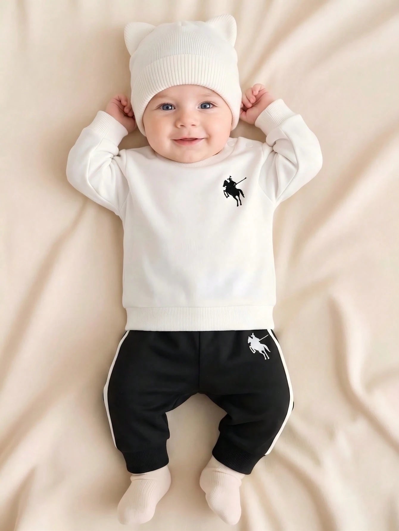 Newborn Baby Boy Minimalist British Style 2-Piece Set, Knitted Fabric, Cream Long Sleeve Crew Neck Top With Black Side Stripe White Pants, Polo Knight Print, Regular Non-Fleece, Casual Infant Ou