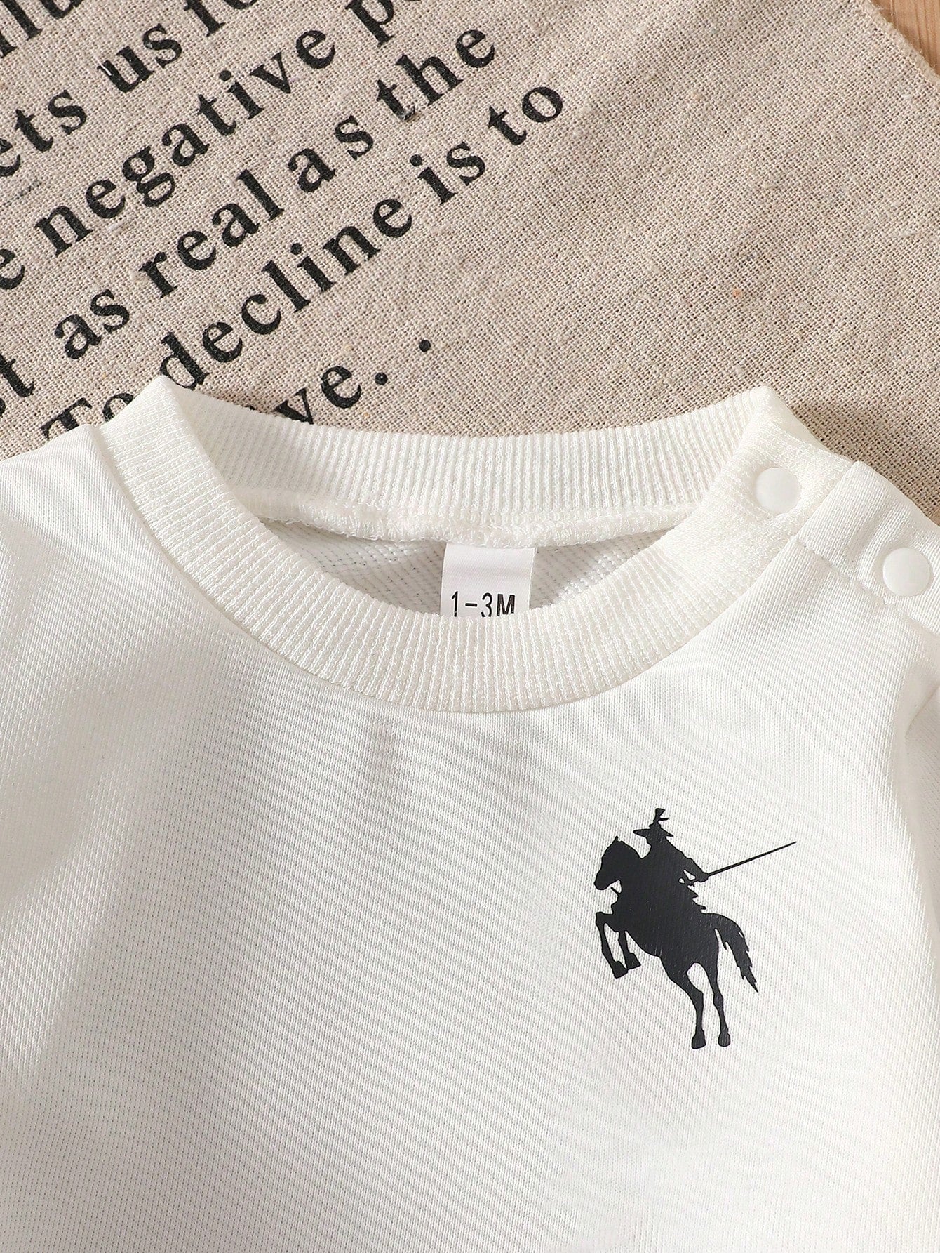 Newborn Baby Boy Minimalist British Style 2-Piece Set, Knitted Fabric, Cream Long Sleeve Crew Neck Top With Black Side Stripe White Pants, Polo Knight Print, Regular Non-Fleece, Casual Infant Ou