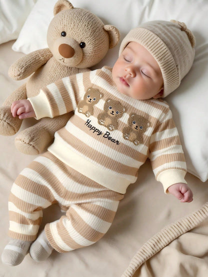 Newborn Baby Boy's Apricot Striped Long-Sleeved Shirt With Pants Set,Embroidered Bear,Blue And White Stripe,Autumn,Cute,Holiday Fashion Casual Outfit