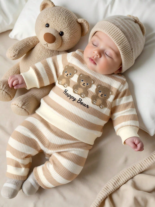 Newborn Baby Boy's Apricot Striped Long-Sleeved Shirt With Pants Set,Embroidered Bear,Blue And White Stripe,Autumn,Cute,Holiday Fashion Casual Outfit