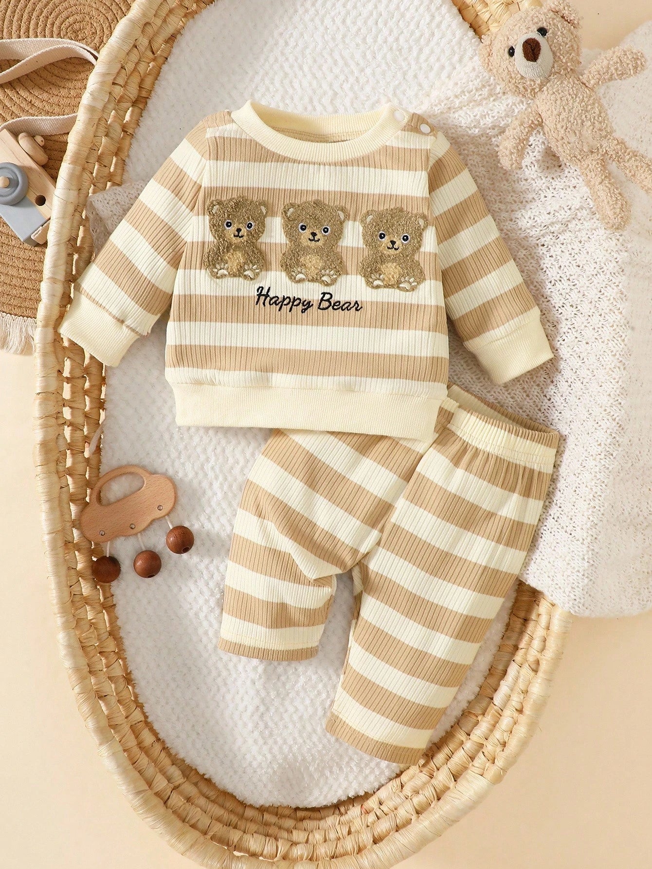 Newborn Baby Boy's Apricot Striped Long-Sleeved Shirt With Pants Set,Embroidered Bear,Blue And White Stripe,Autumn,Cute,Holiday Fashion Casual Outfit