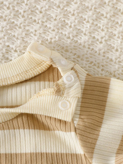 Newborn Baby Boy's Apricot Striped Long-Sleeved Shirt With Pants Set,Embroidered Bear,Blue And White Stripe,Autumn,Cute,Holiday Fashion Casual Outfit