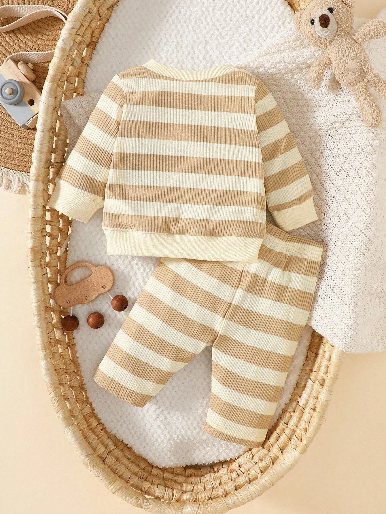 Newborn Baby Boy's Apricot Striped Long-Sleeved Shirt With Pants Set,Embroidered Bear,Blue And White Stripe,Autumn,Cute,Holiday Fashion Casual Outfit