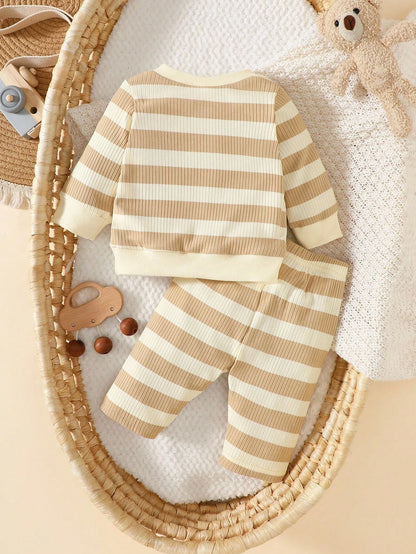 Newborn Baby Boy's Apricot Striped Long-Sleeved Shirt With Pants Set,Embroidered Bear,Blue And White Stripe,Autumn,Cute,Holiday Fashion Casual Outfit