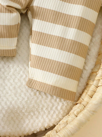 Newborn Baby Boy's Apricot Striped Long-Sleeved Shirt With Pants Set,Embroidered Bear,Blue And White Stripe,Autumn,Cute,Holiday Fashion Casual Outfit