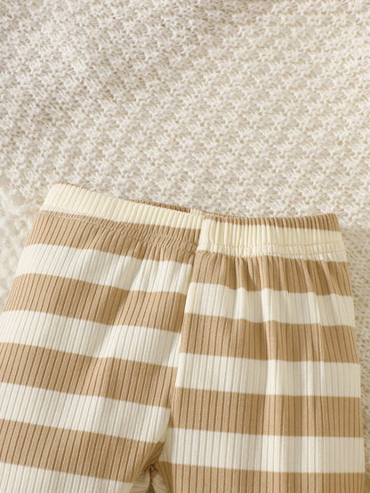 Newborn Baby Boy's Apricot Striped Long-Sleeved Shirt With Pants Set,Embroidered Bear,Blue And White Stripe,Autumn,Cute,Holiday Fashion Casual Outfit