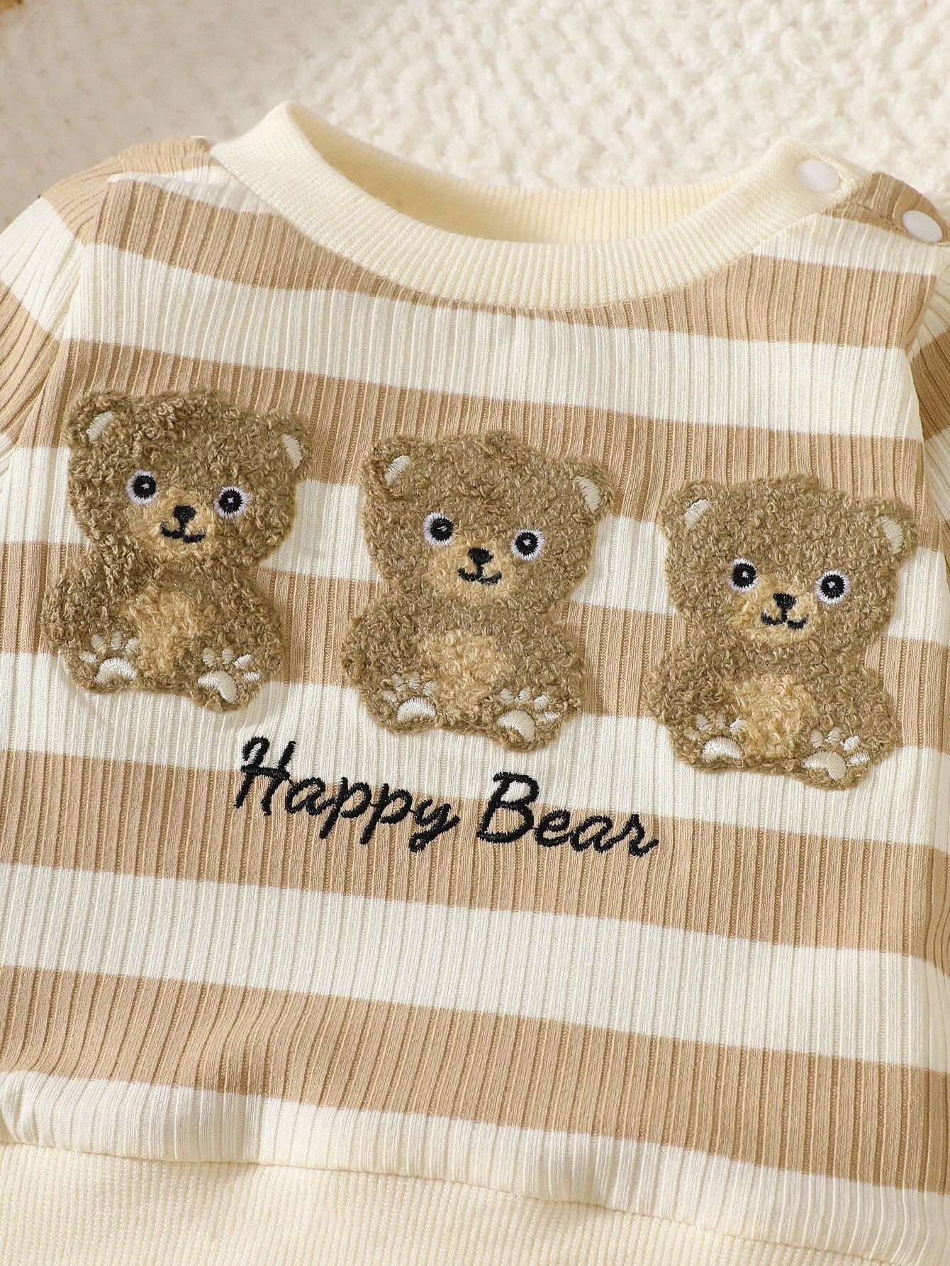 Newborn Baby Boy's Apricot Striped Long-Sleeved Shirt With Pants Set,Embroidered Bear,Blue And White Stripe,Autumn,Cute,Holiday Fashion Casual Outfit