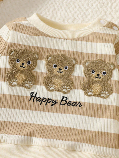 Newborn Baby Boy's Apricot Striped Long-Sleeved Shirt With Pants Set,Embroidered Bear,Blue And White Stripe,Autumn,Cute,Holiday Fashion Casual Outfit