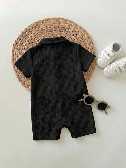 Newborn Baby Boy Summer Cute Knitted Striped Short Sleeve Romper Suitable For Birthday Party Beach, Evening Party, Performance, First Birthday Modest
