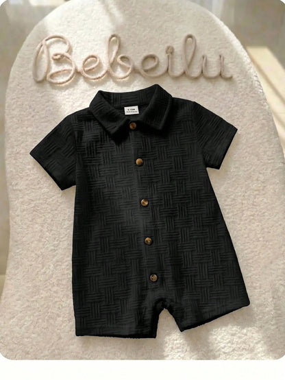 Newborn Baby Boy Summer Cute Knitted Striped Short Sleeve Romper Suitable For Birthday Party Beach, Evening Party, Performance, First Birthday Modest
